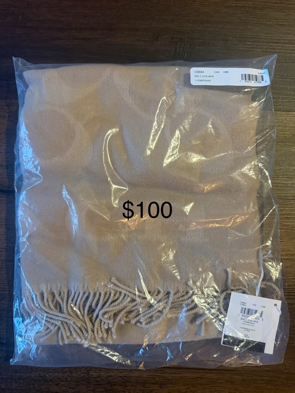 Coach Neutral Fringe Wrap Scarf in Camel